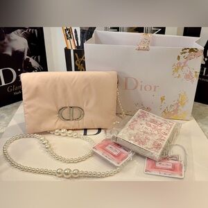 CHRISTIAN DIOR BEAUTE PINK PEARL STRAP CLUTCH/CROSSBODY, PENCIL SET & AUTH. BAG